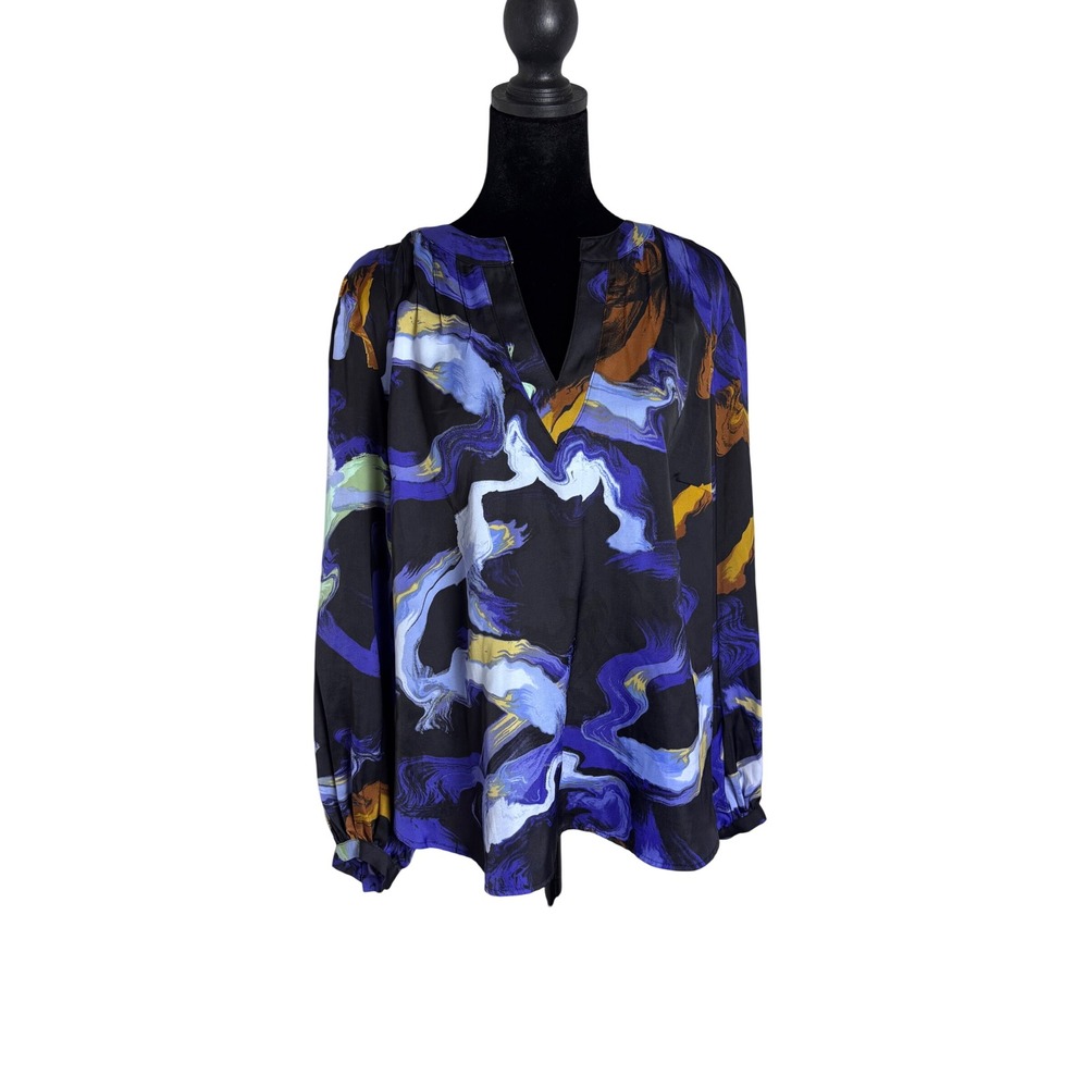 Nine West Blouse Womens Large Black Blue Abstract Swirl V-Neck Long Sleeve Top